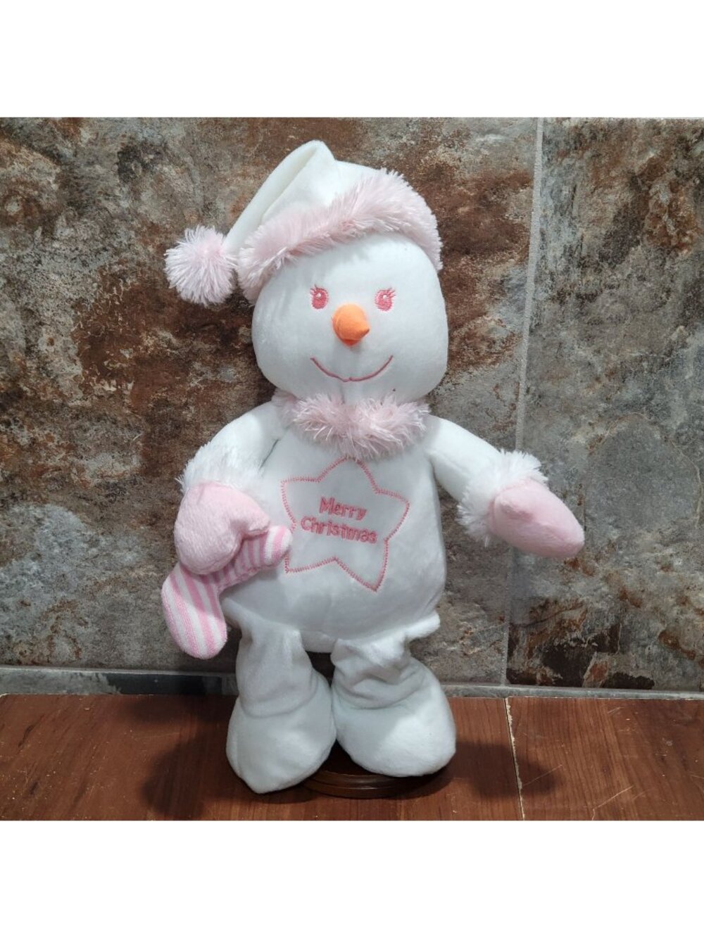 Christmas Snowman Plush Girl Pink Hat Scarf Stocking Star Holiday Decor Toy